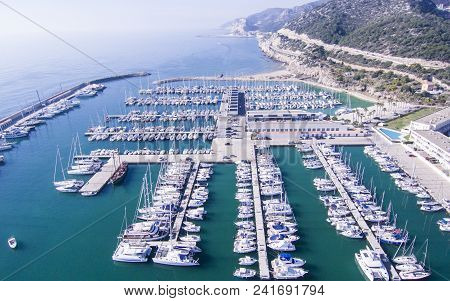 Drone View Of A Harbour Of Barcelona