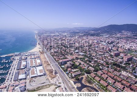 City Of Premia De Mar, Near Of Barcelona. Maresme Coast. Aerial Shot.