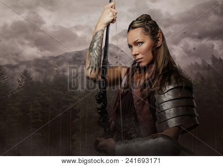 Portrait Of Elf Woman With Bowl Over Wildness Nature Background.