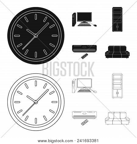 Clock With Arrows, A Computer With Accessories For Work In The Office, A Cabinet For Storing Busines