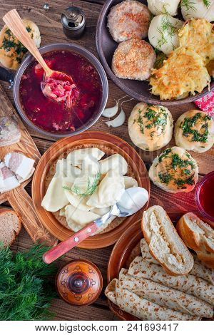 Traditional Food In The Ukrainian Cuisine - Borsch, Vareniki, Bacon, Broth, Nalgovniki, Cutlets In K