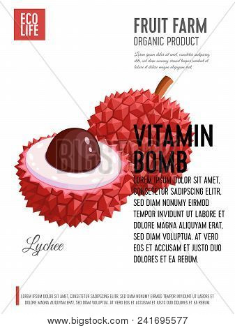 Packaging Label. Concept Design With Inscription. Lychee Fruit. Vector Flat Poster Template With Tex
