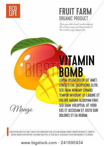 Packaging Label. Concept Design With Inscription. Mango, Whole Fruit With Leaf And Cubic Slices. Vec