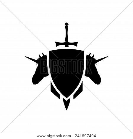 Game Heraldic Sign. Medieval Coat Of Arms With A Sword And Unicorns. Black Silhouette. Fantasy Icon.