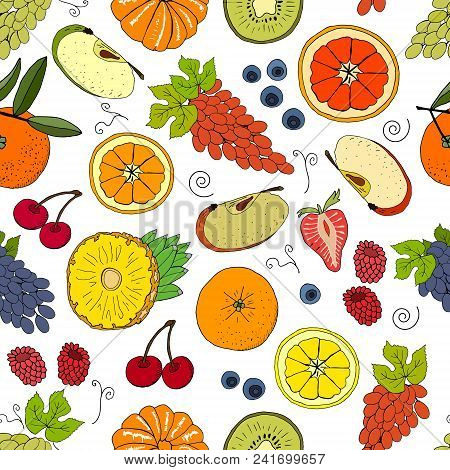 Seamless Pattern With Fruits And Berries. Endless Texture For Season Summer Design.