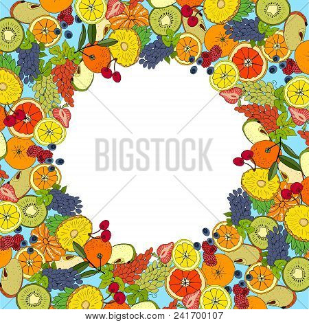 Template With Different Fruits And Berries. For Your Design, Announcements, Cards, Posters, Restaura