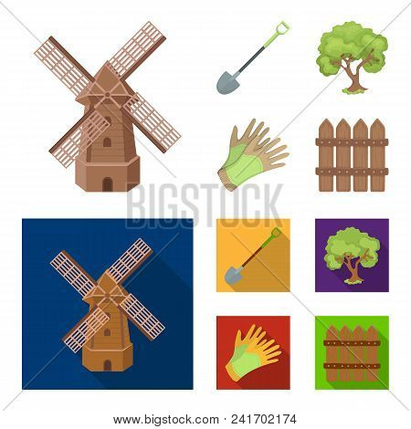 A Shovel With A Handle, A Tree In The Garden, Gloves For Working On A Farm, A Wooden Fence. Farm And