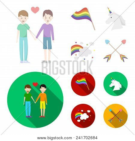 Flag, Unicorn Symbol, Arrows With Heart.gay Set Collection Icons In Cartoon, Flat Style Vector Symbo