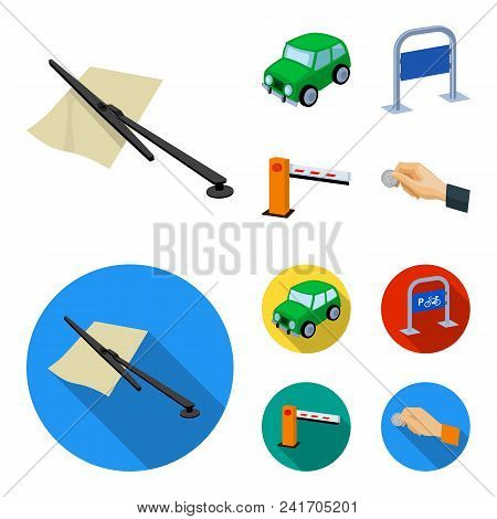 Car, Parking Barrier, Bicycle Parking Place, Coin In Hand For Payment. Parking Zone Set Collection I