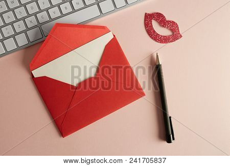 Mockup Envelope, Pen And Computer Keyboard On Empty Color Desk. Business Empty Mock-up Background Fo