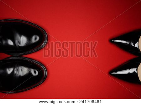 Overhead View Of Business Style Shoes. Business Empty Mock-up Background For Message Texting.horizon