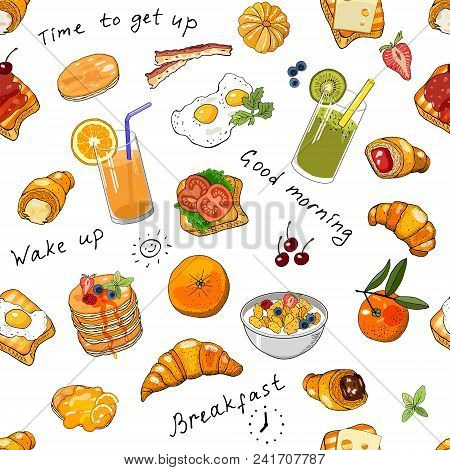Seamless Background With  Different Food And Drink. Pattern With Hand Drawn Elements