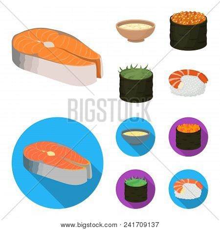 Bowl Of Soup, Caviar, Shrimp With Rice. Sushi Set Collection Icons In Cartoon, Flat Style Vector Sym