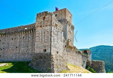 Assisi, Italy - May 21,2009: View Of The Main Tower Of The La Rocca Cstle
