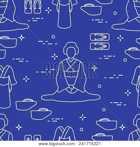 Seamless Pattern With Asian Woman, Traditional Japanese Clothing, Shoes. Travel And Leisure.