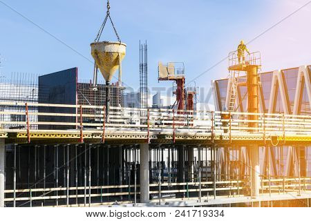 Construction Crane Tower On Blue Sky Background. Crane And Building Working Progress. Worker. Empty 