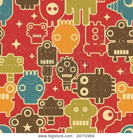 Robot y monstruos modernos patrones sin fisuras en rojo.