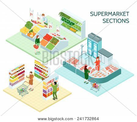 Supermarket Sections Isometric Compositions With Buyers Choosing Products On Shelves  Trays And Coun