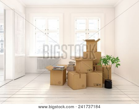 nterior with packed cardboard boxes for relocation 3 D rendering