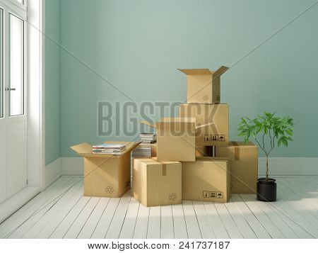 nterior with packed cardboard boxes for relocation 3 D rendering