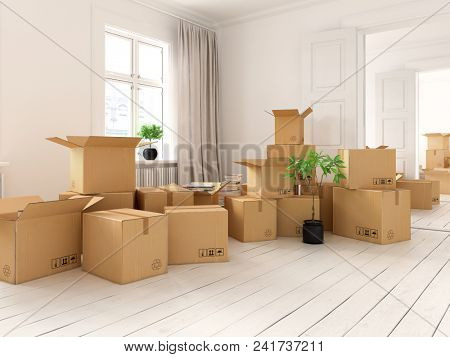 nterior with packed cardboard boxes for relocation 3 D rendering
