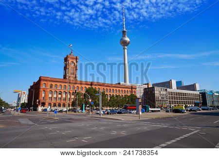 Berlin Spandauer street with Rotes Rathaus and Berlinen Fernsehturn TV tower