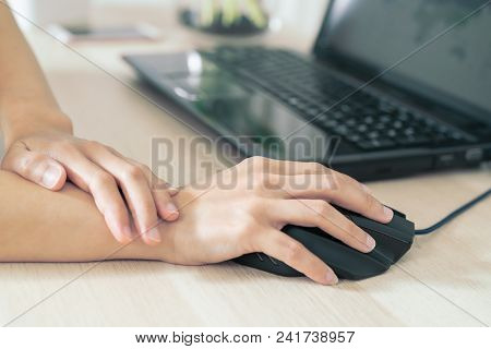 Woman Wrist Arm Pain Long Use Mouse Working. Office Syndrome Healthcare And Medicine Concept