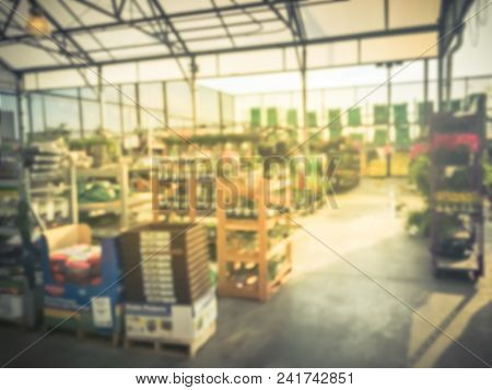 Blurred Plant Nursery, Tool And Equipment At Garden Center In Usa