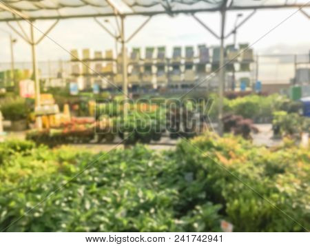Blurred Plant Nursery, Tool And Equipment At Garden Center In Usa