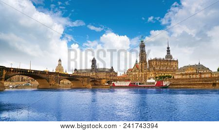 Dresden skyline reflecion in Elbe river in Saxony of Germany