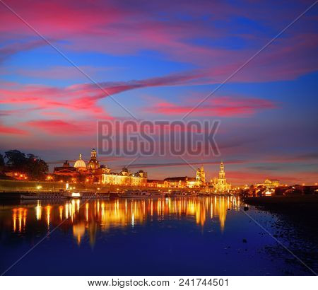 Dresden sunset skyline reflecion in Elbe river in Saxony of Germany