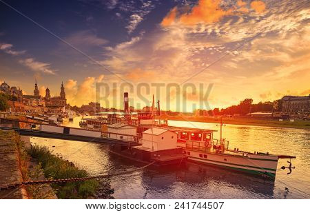 Dresden skyline reflecion in Elbe river at sunset in Saxony of Germany