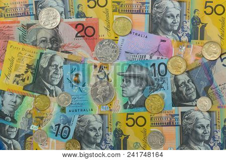 Top view of polymer Australia Banknote. Different Australian dollars money with coins