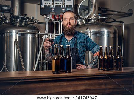 Portrait Of Tattooed, Bearded Hipster Male Manufacturer Presenting Beer In The Microbrewery.