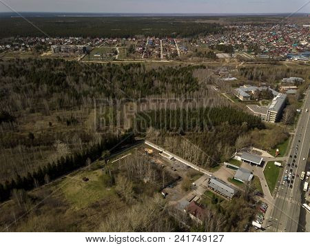 Forest In The Novosibirsk City,siberia With Diffrent Trees And Plants With Some Buildings In It. Str