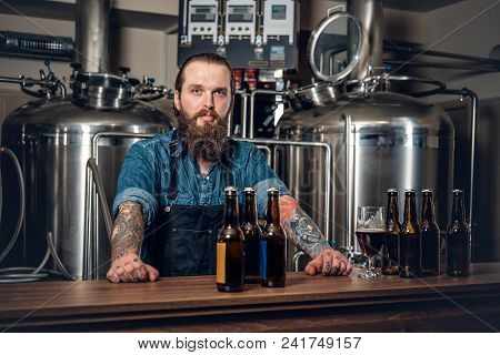 Portrait Of Tattooed, Bearded Hipster Male Manufacturer Presenting Beer In The Microbrewery.
