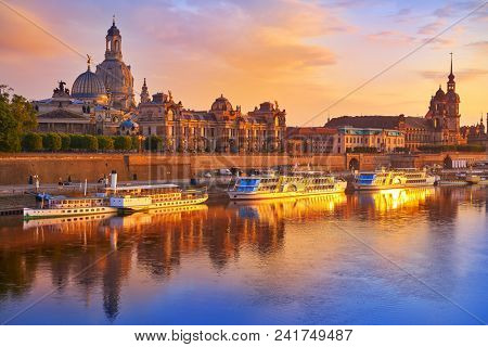 Dresden skyline reflecion in Elbe river at sunset in Saxony of Germany