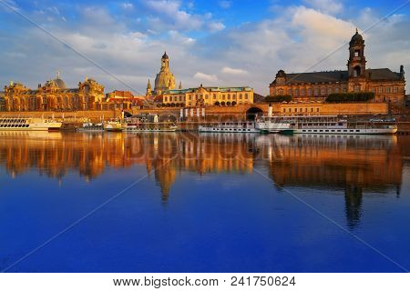 Dresden skyline reflecion in Elbe river at sunset in Saxony of Germany