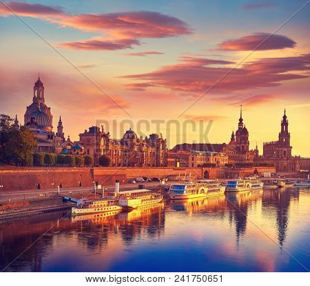 Dresden skyline reflecion in Elbe river at sunset in Saxony of Germany