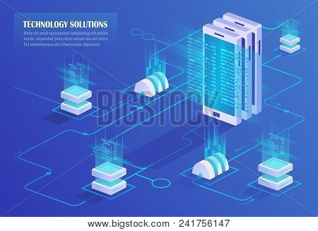 Downloading, Uploading And Storing Data. Data Centre. Cloud Service And Mobile Devices. High Technol