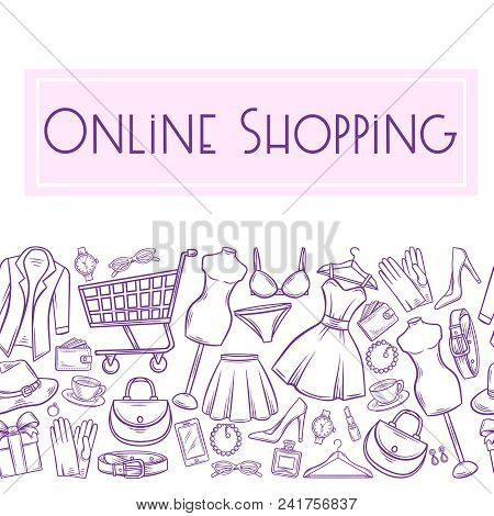 Seamless Border Pattern Fashion Online Shop. Vector Illustration With Dress, Lipstick, Perfume, Cart