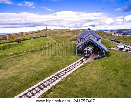 Llandudno, Conwy , Wales, Uk - April 22 2018 : The Great Orme Tramway Is Climbing The Mountain.