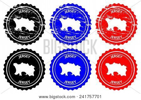 Jersey - Rubber Stamp - Vector, Bailiwick Of Jersey Map Pattern - Sticker - Black, Blue And Red