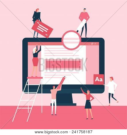Drafting A Document - Flat Design Style Illustration. Metaphorical Image Of A Monoblock Screen And C