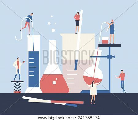 Scientists - Flat Design Style Illustration. High Quality Composition With Big Chemical Flasks And L