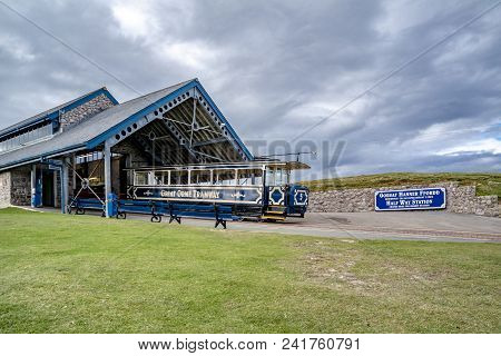 Llandudno, Conwy , Wales, Uk - April 22 2018 : The Great Orme Tramway Is Climbing The Mountain.