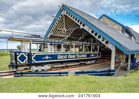Llandudno, Conwy , Wales, Uk - April 22 2018 : The Great Orme Tramway Is Climbing The Mountain.