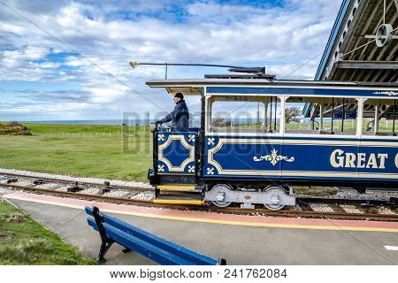 Llandudno, Conwy , Wales, Uk - April 22 2018 : The Great Orme Tramway Is Climbing The Mountain.