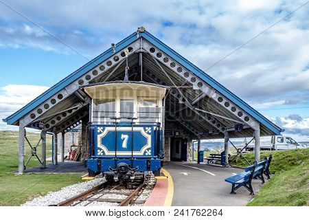 Llandudno, Conwy , Wales, Uk - April 22 2018 : The Great Orme Tramway Is Climbing The Mountain.