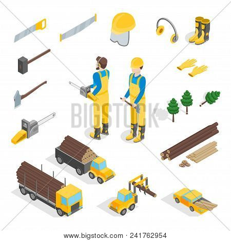 Lumberman Woodcutter Signs 3d Icons Set Isometric View Include Of Ax, Lumber And Tools. Vector Illus